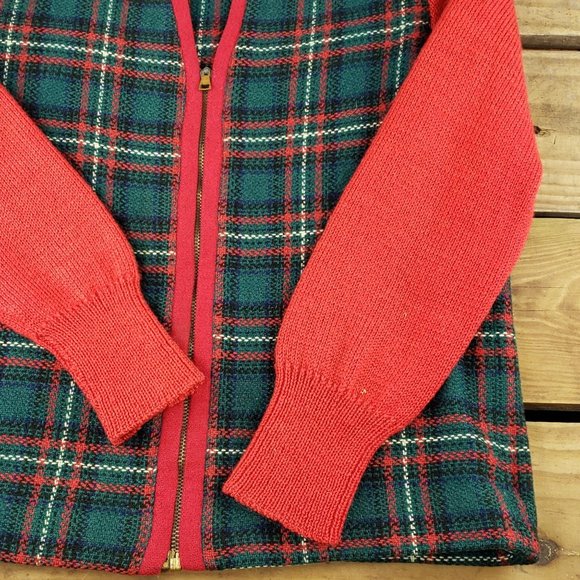 Womens Vintage Christmas Plaid V Neck Zip Up Sweater Red Green Size Small - Picture 5 of 7